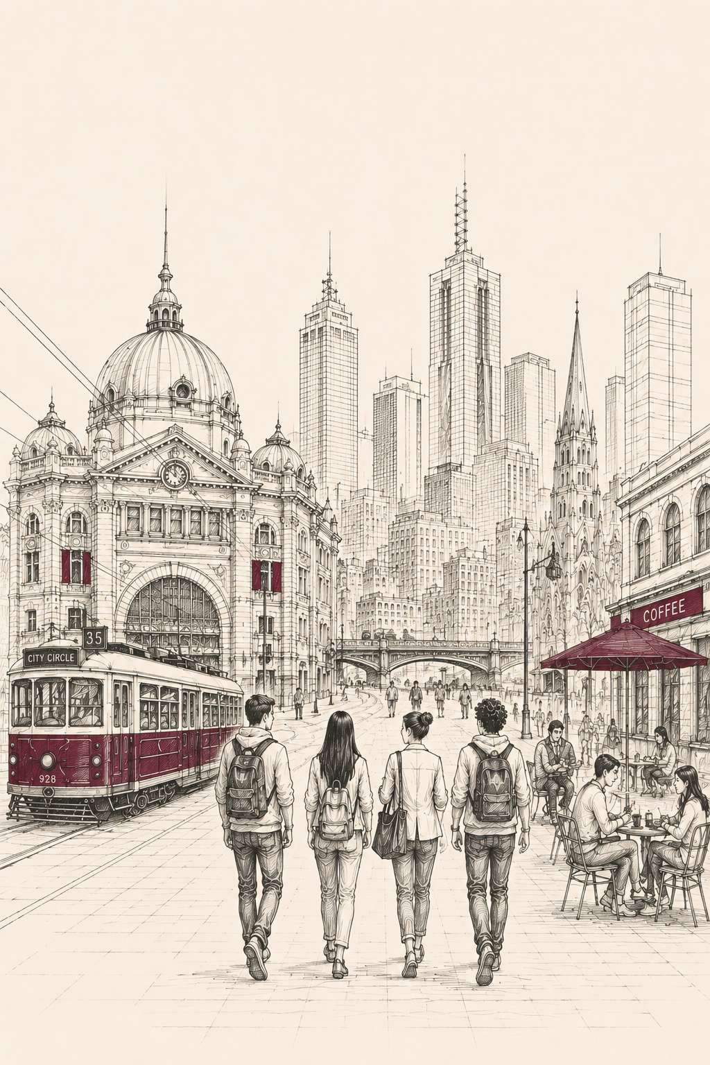 Line illustration of Ruby Institute students walking past Flinders Street Station in Melbourne