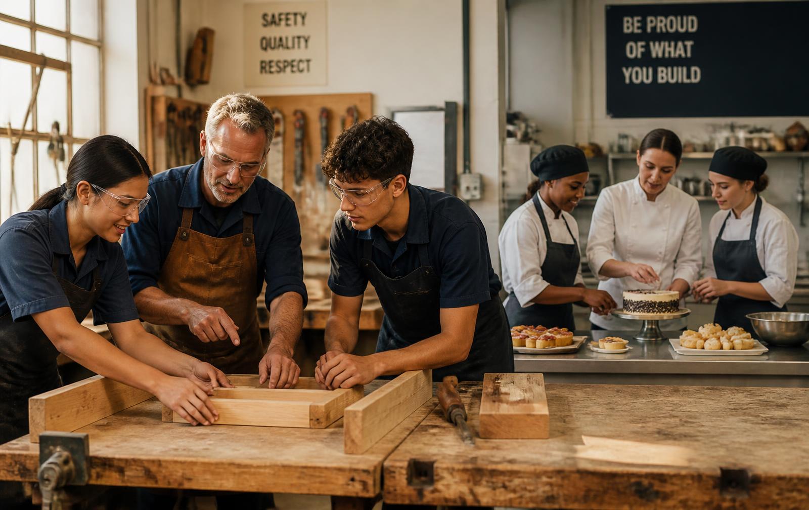 Instructors guiding students through hands-on vocational training